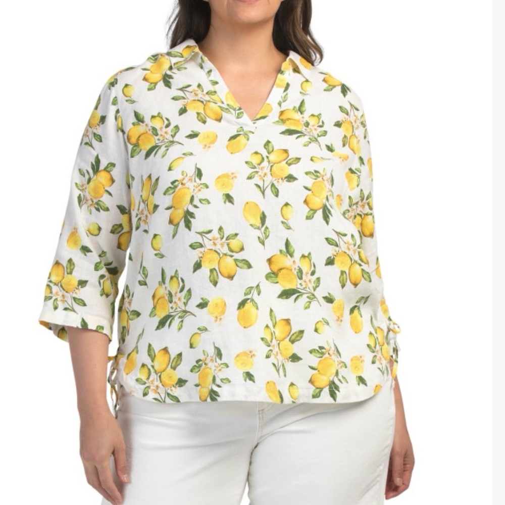 NWT Cynthia Rowley 100% Linen Lemon Print Popover Tunic Top Plus Size 1X